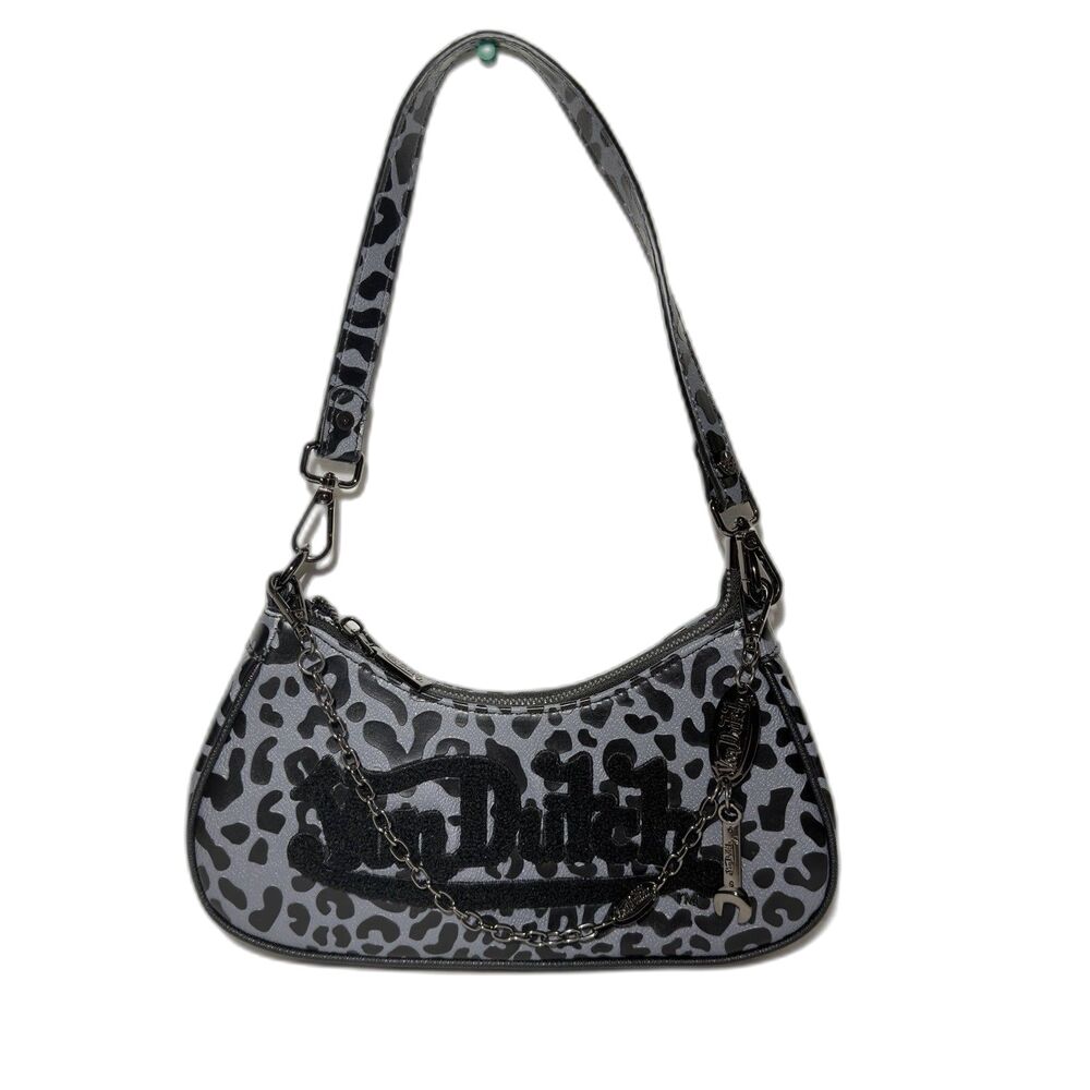 Von Dutch Y2K Gray Black Leopard Print Shoulder Bag Chain Wrench Charm NWOT